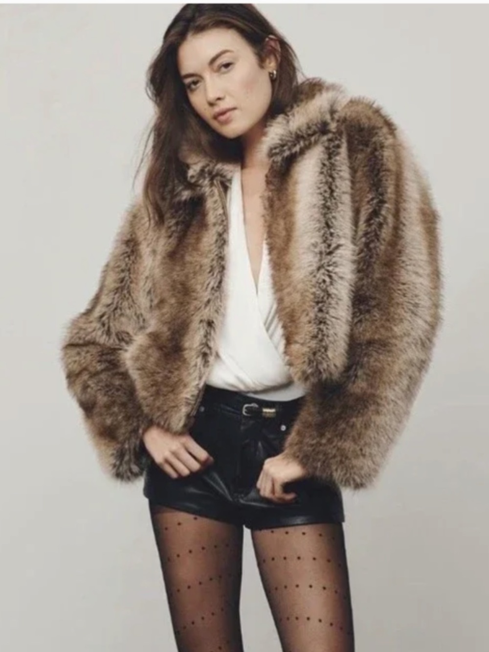 Anthropologie Maeve Crop Jacket Brown Rae Faux Fur Preppy Cozy Retro XS NWT